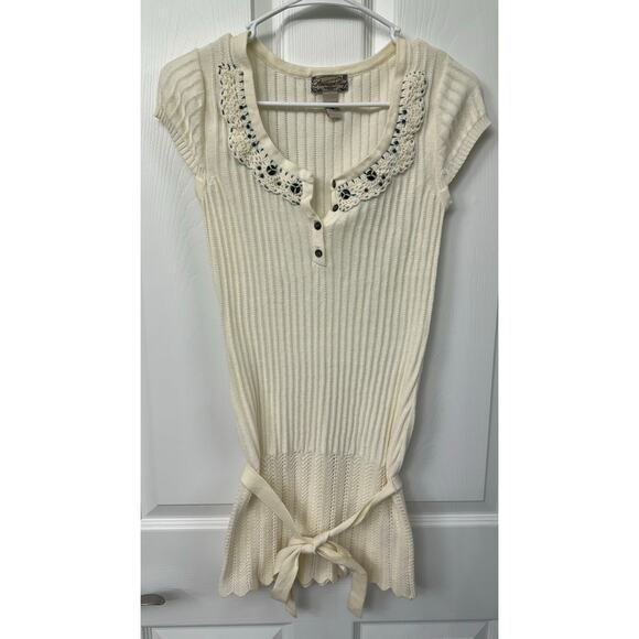 American Rag new small ivory sleeveless tunic sweater with belt boho beaded - Picture 1 of 4